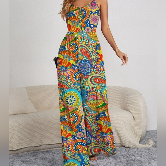Boho Spaghetti Strap Wide Leg Jumpsuit - Picture 4 of 5
